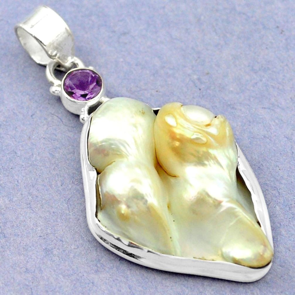 Natural white biwa pearl amethyst 925 sterling silver pendant d16278