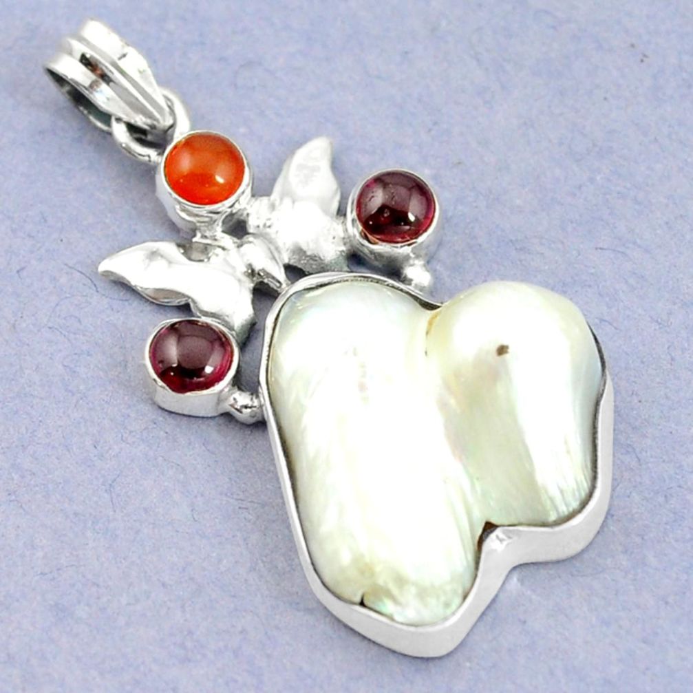 White biwa pearl cornelian (carnelian) 925 silver butterfly pendant d16309