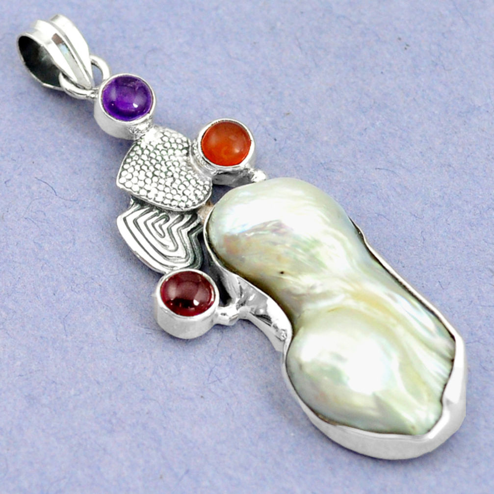 White biwa pearl cornelian (carnelian) 925 silver couple hearts pendant d16319