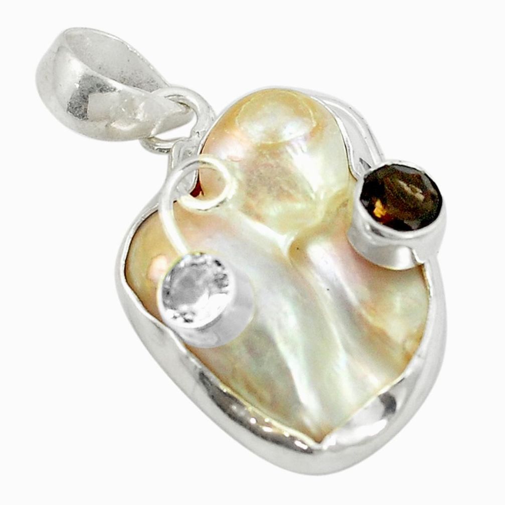 Natural white biwa pearl smoky topaz 925 sterling silver pendant d17498