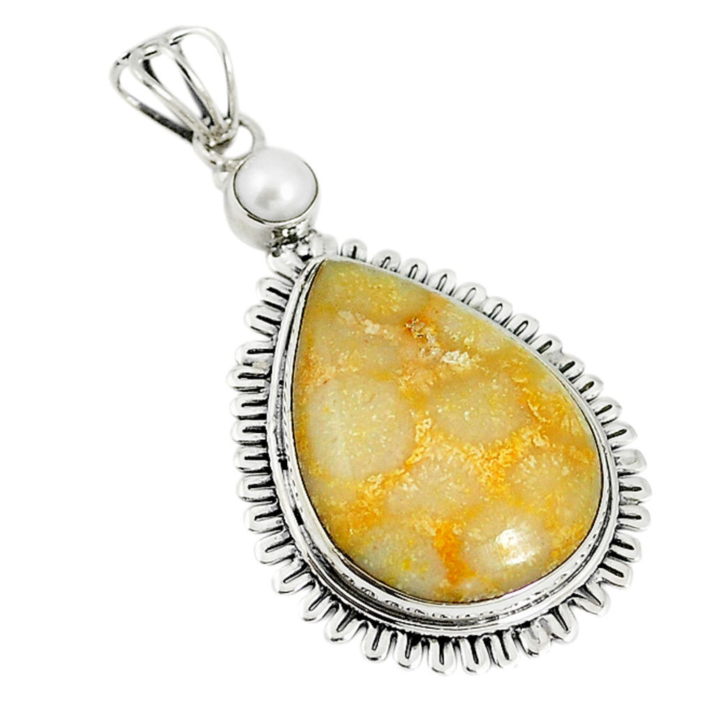 925 silver natural yellow fossil coral (agatized) petoskey stone pendant d17577