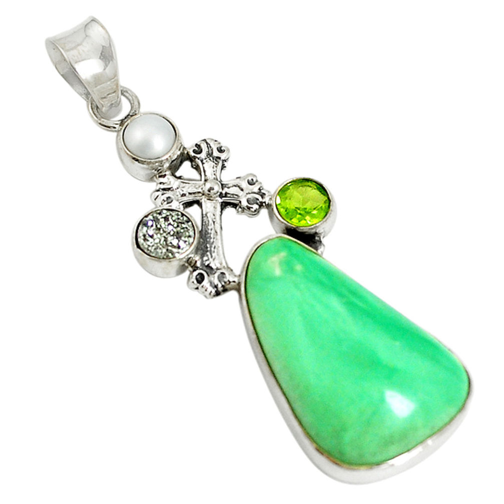 Natural green variscite druzy pearl 925 silver holy cross pendant jewelry d17621