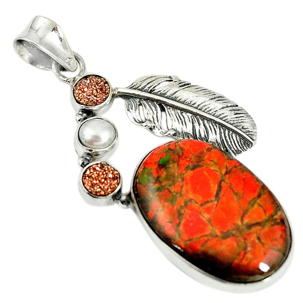 Natural multi color ammolite (canadian) druzy pearl 925 silver pendant d17724