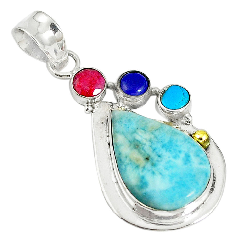 Natural blue larimar ruby lapis 925 sterling silver pendant jewelry d17751