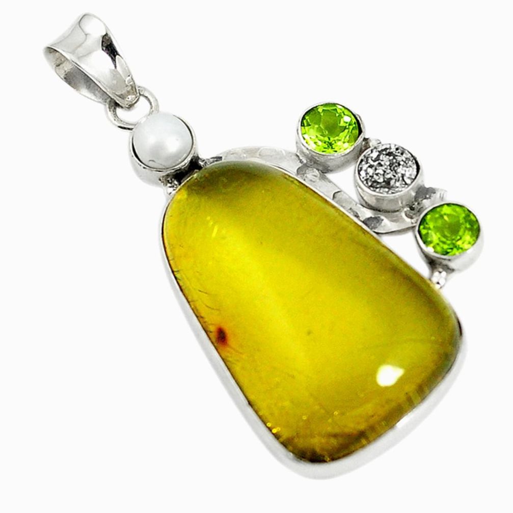 Natural green amber from colombia druzy pearl 925 silver pendant d17761