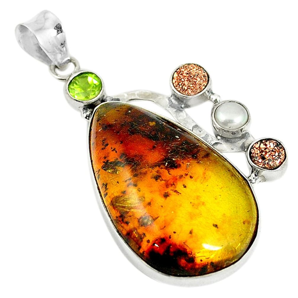 Natural green amber from colombia druzy pearl 925 silver pendant d17764