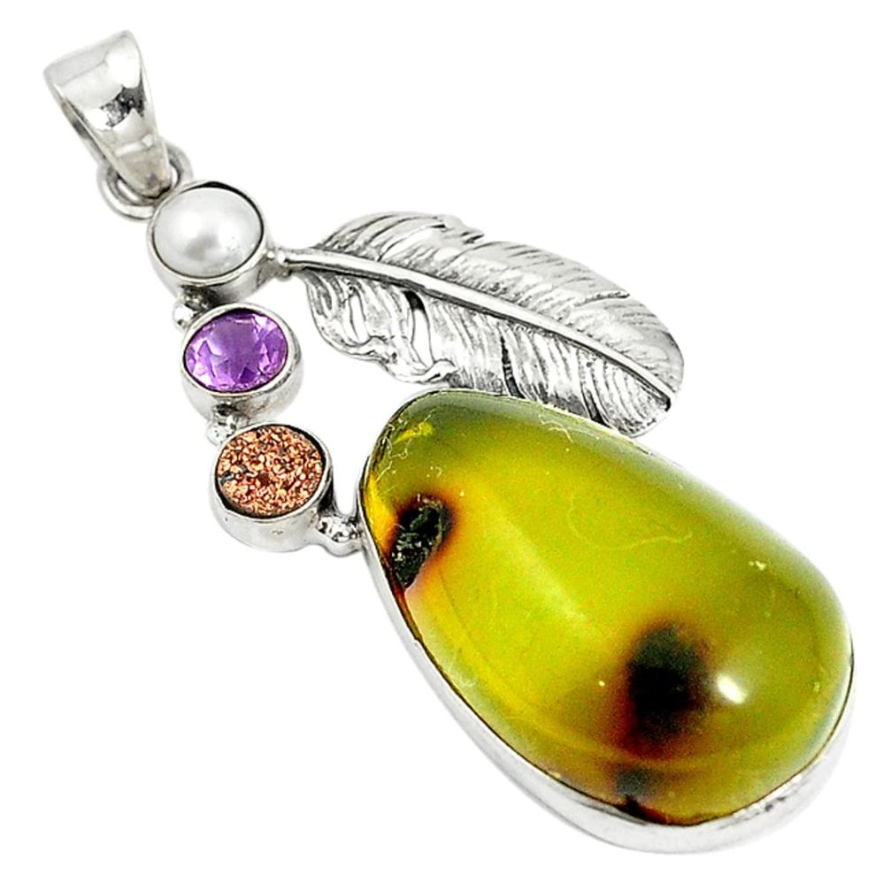 Natural green amber from colombia druzy pearl 925 silver pendant d17771