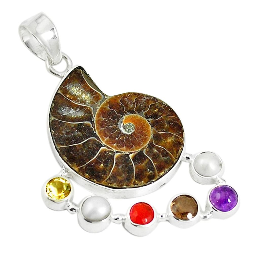 Natural brown ammonite fossil smoky topaz pearl 925 silver pendant d17842