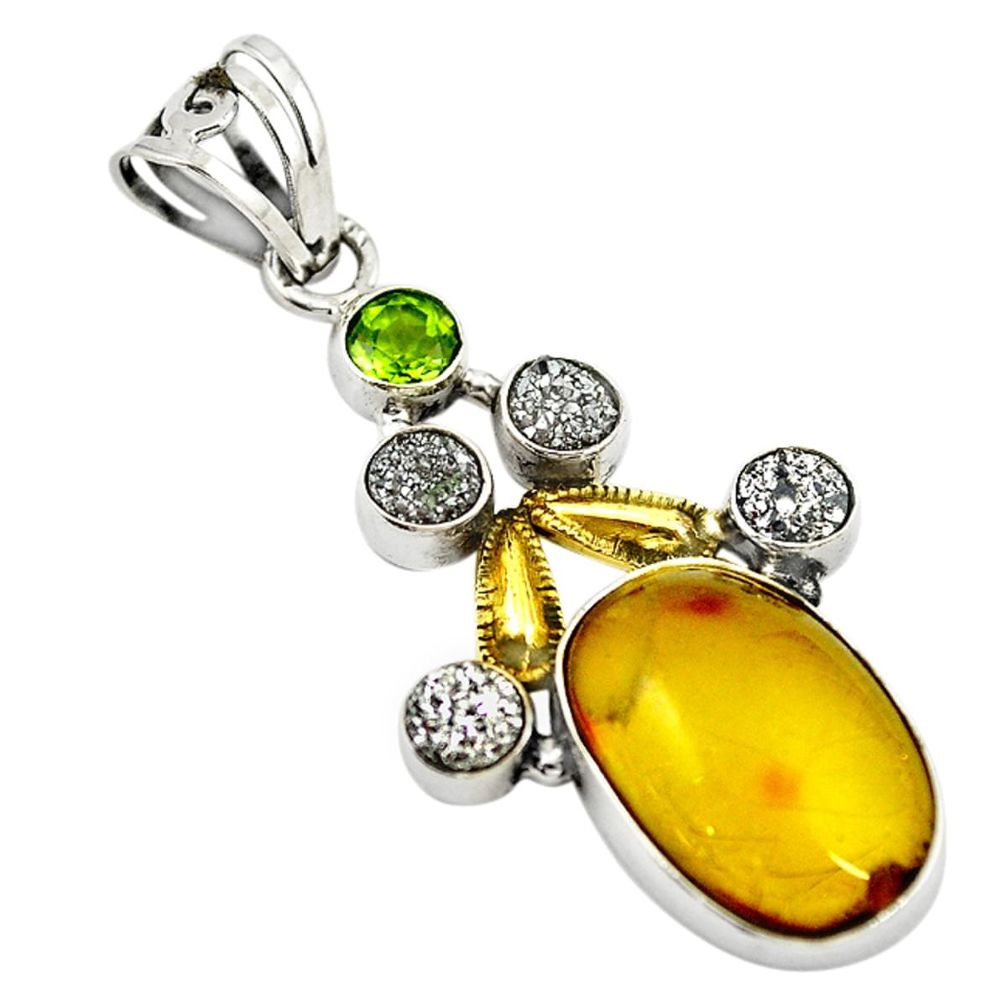 Natural green amber from colombia druzy 925 silver pendant d18523