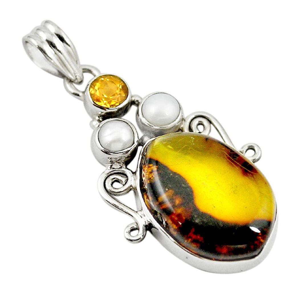 Natural green amber from colombia citrine 925 silver pendant jewelry d18528