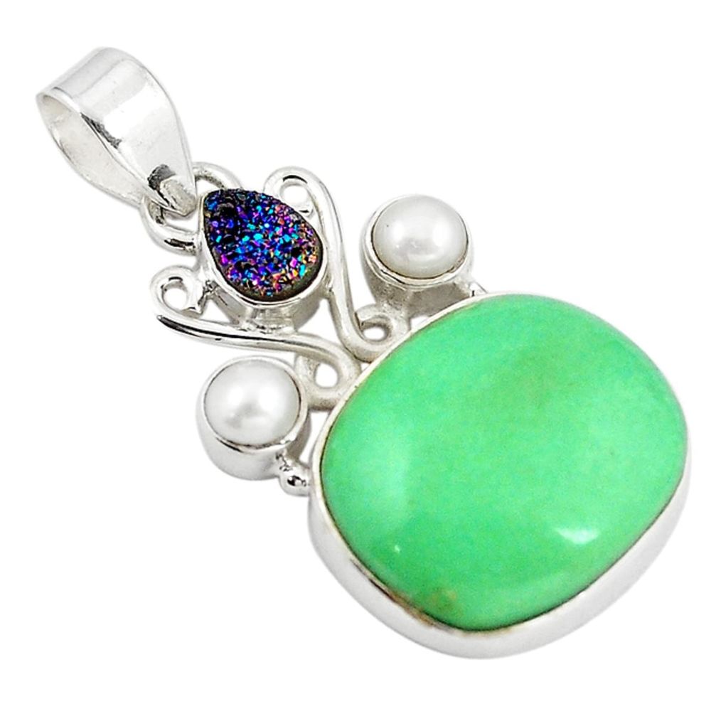 Natural green variscite druzy pearl 925 sterling silver pendant d18599