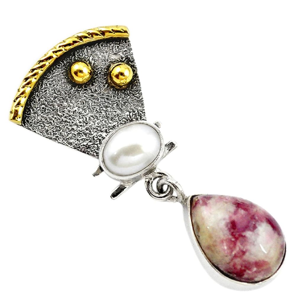 Natural purple lepidolite pearl 925 silver 14k gold pendant d18628