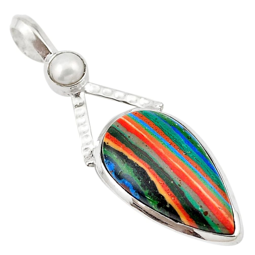 Natural multi color rainbow calsilica pearl 925 silver pendant d18663
