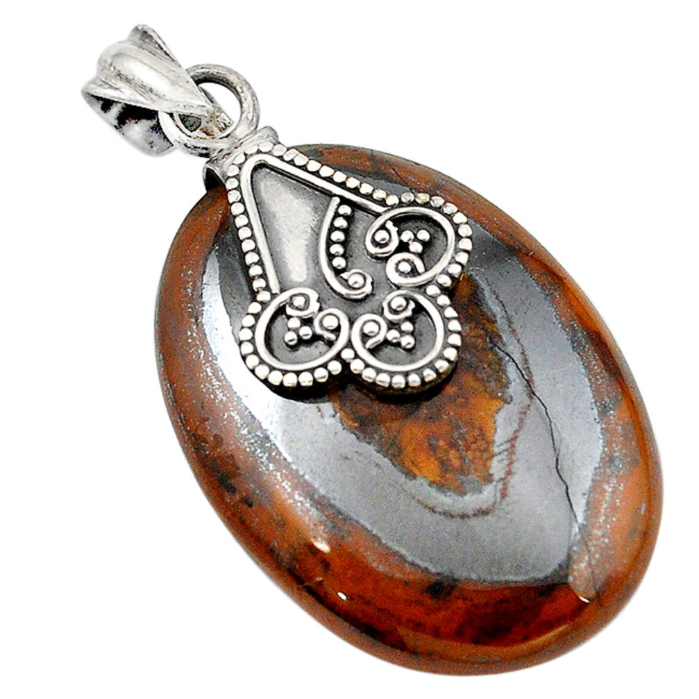 Natural brown tiger's hawks eye oval 925 sterling silver pendant d18691