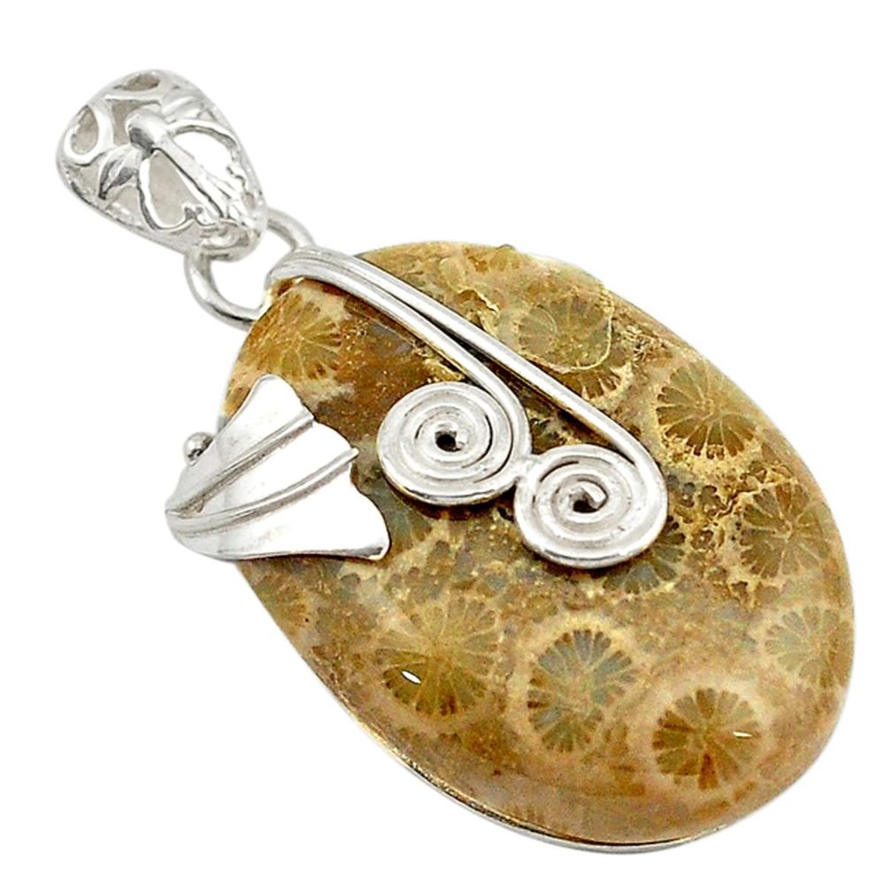 Natural yellow fossil coral (agatized) petoskey stone 925 silver pendant d18702