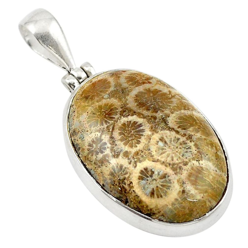 Natural yellow fossil coral (agatized) petoskey stone 925 silver pendant d18704