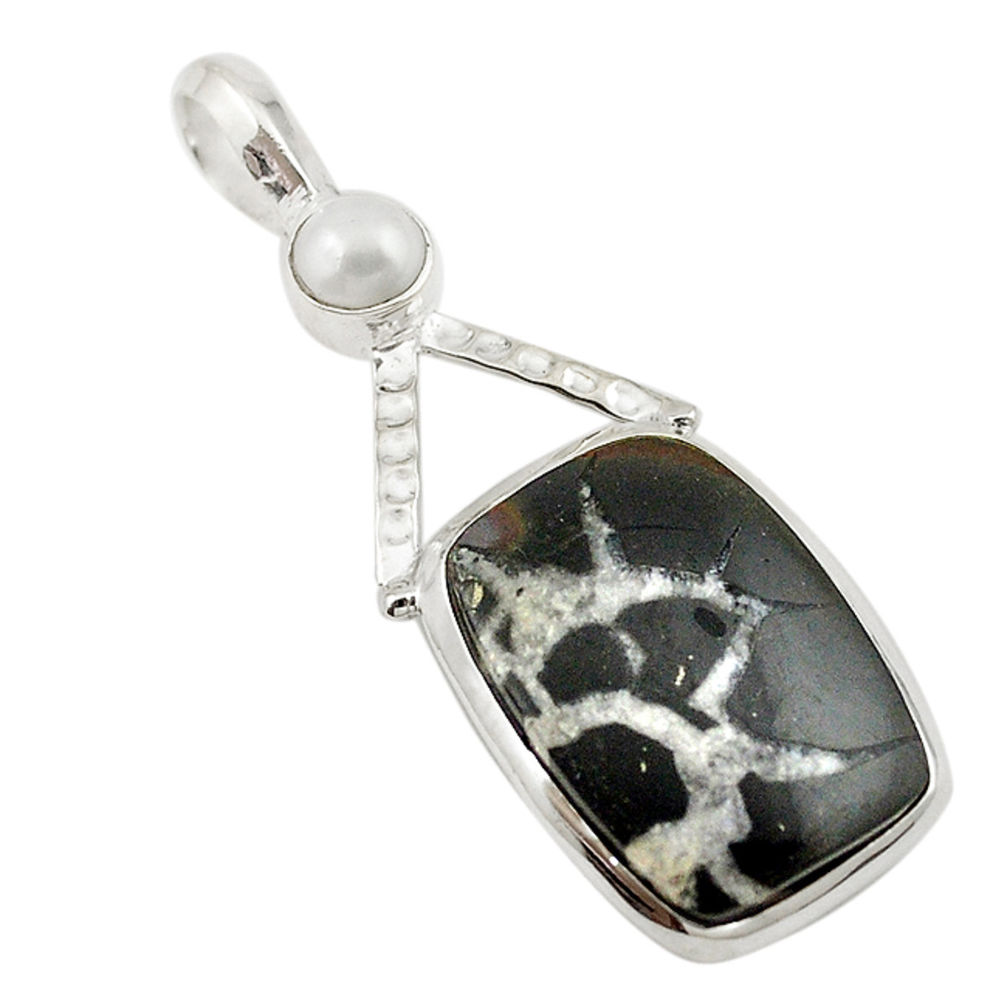 Natural black septarian gonads white pearl 925 sterling silver pendant d18720
