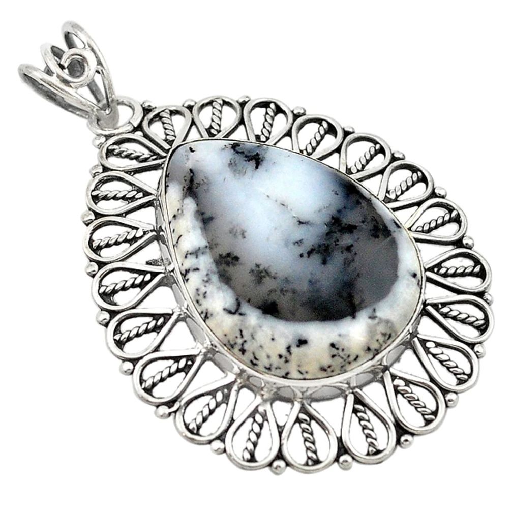 Natural white dendrite opal (merlinite) 925 silver pendant jewelry d18723