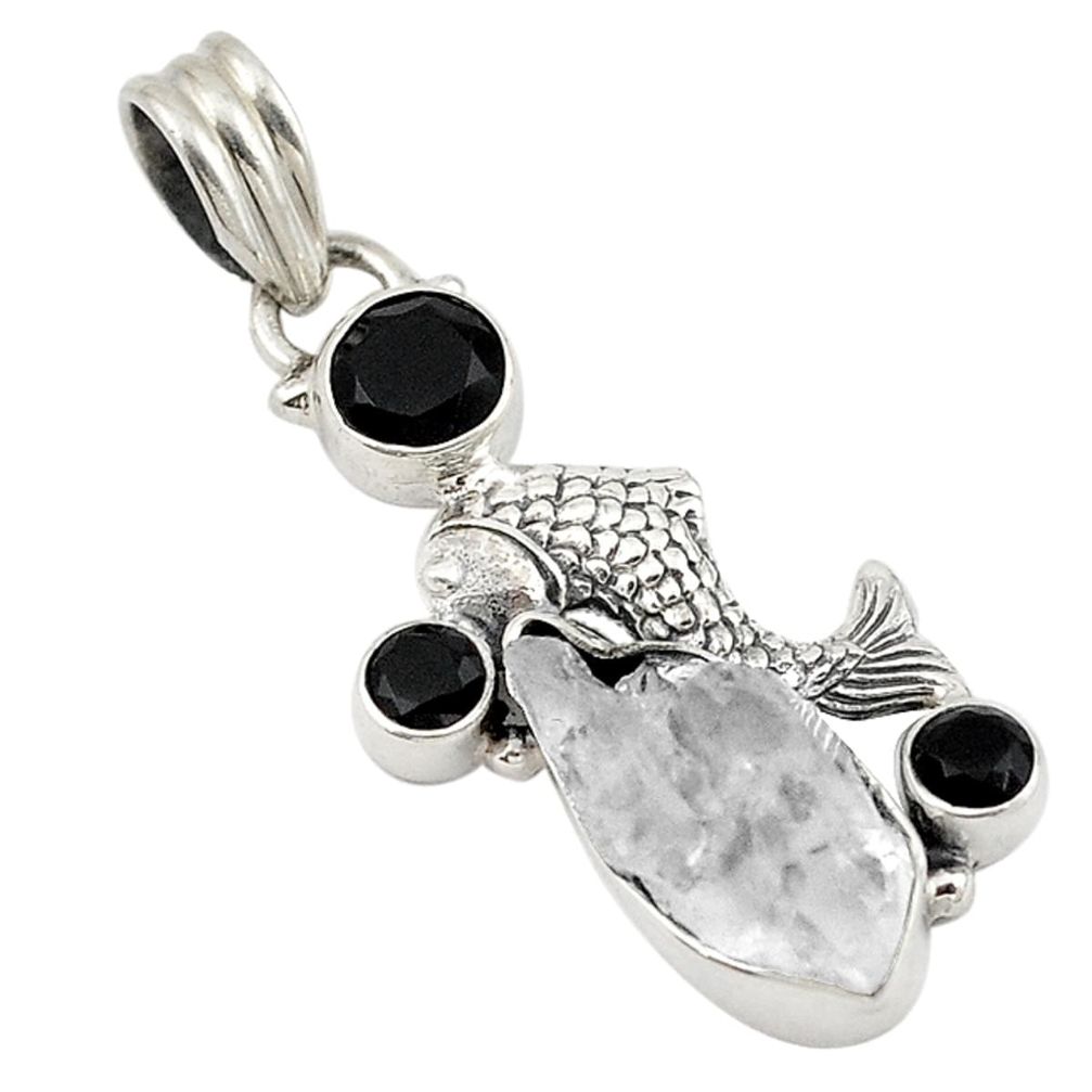 Natural white herkimer diamond onyx 925 silver fish pendant jewelry d18733