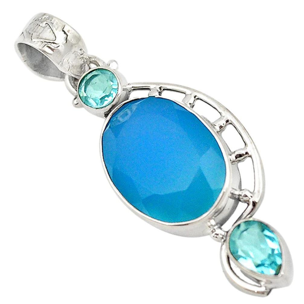 Natural blue chalcedony topaz 925 sterling silver pendant jewelry d18736