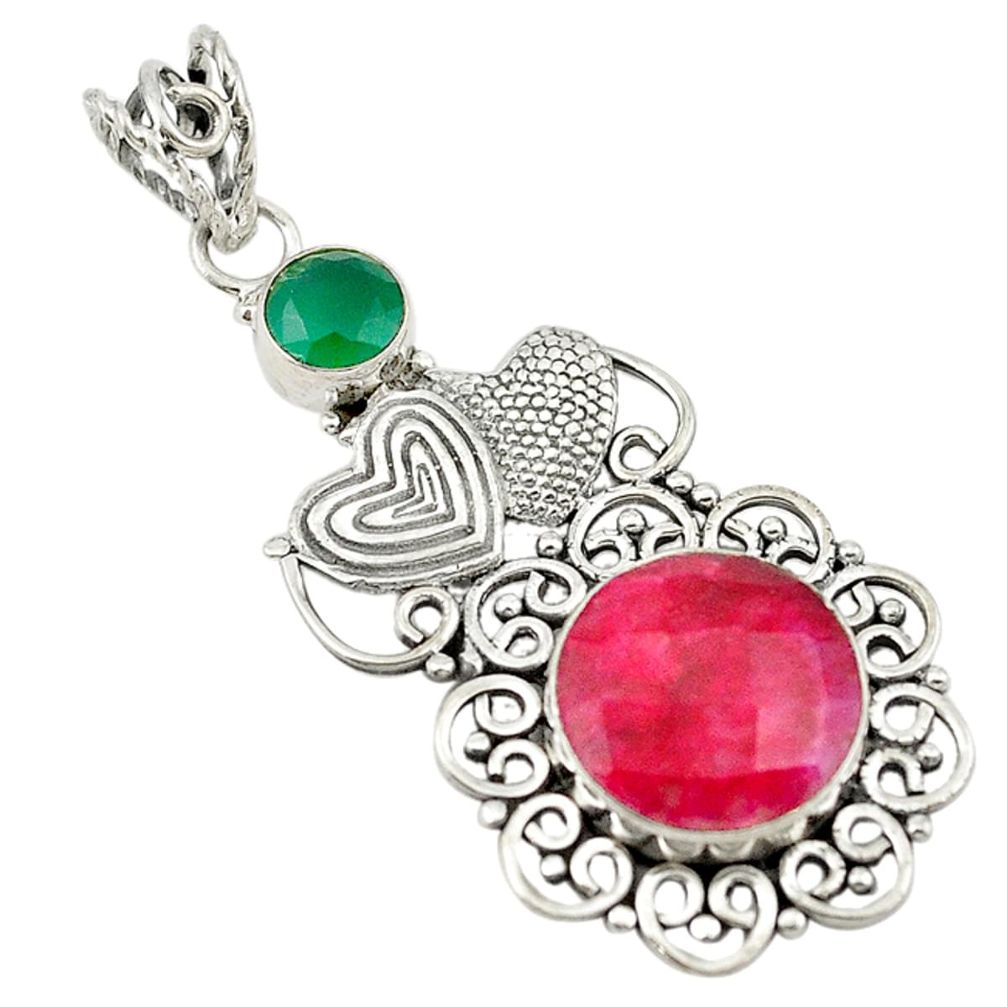 Natural red ruby green chalcedony 925 silver couple hearts pendant d18752