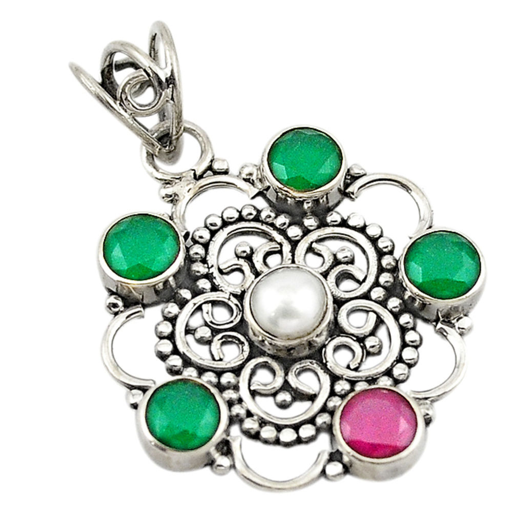 Green emerald red ruby quartz pearl 925 sterling silver pendant d18835