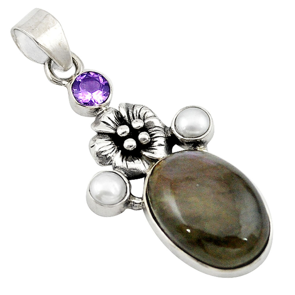 925 silver natural blue labradorite amethyst pearl flower pendant d19156