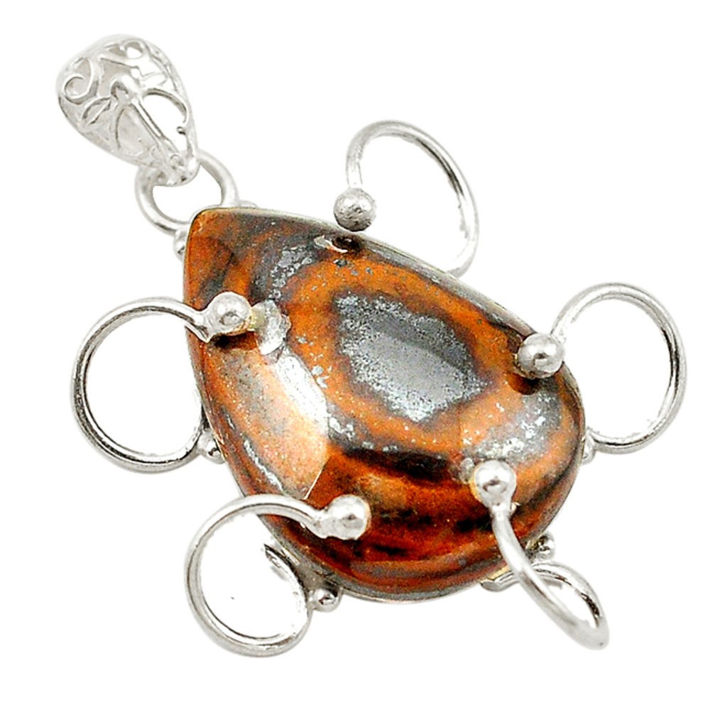 Natural brown tiger's hawks eye pear 925 sterling silver pendant d19176