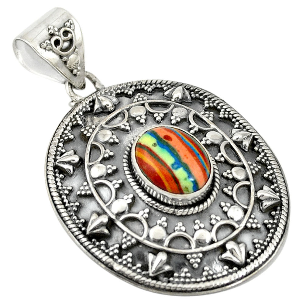 Natural multi color rainbow calsilica 925 sterling silver pendant d19259