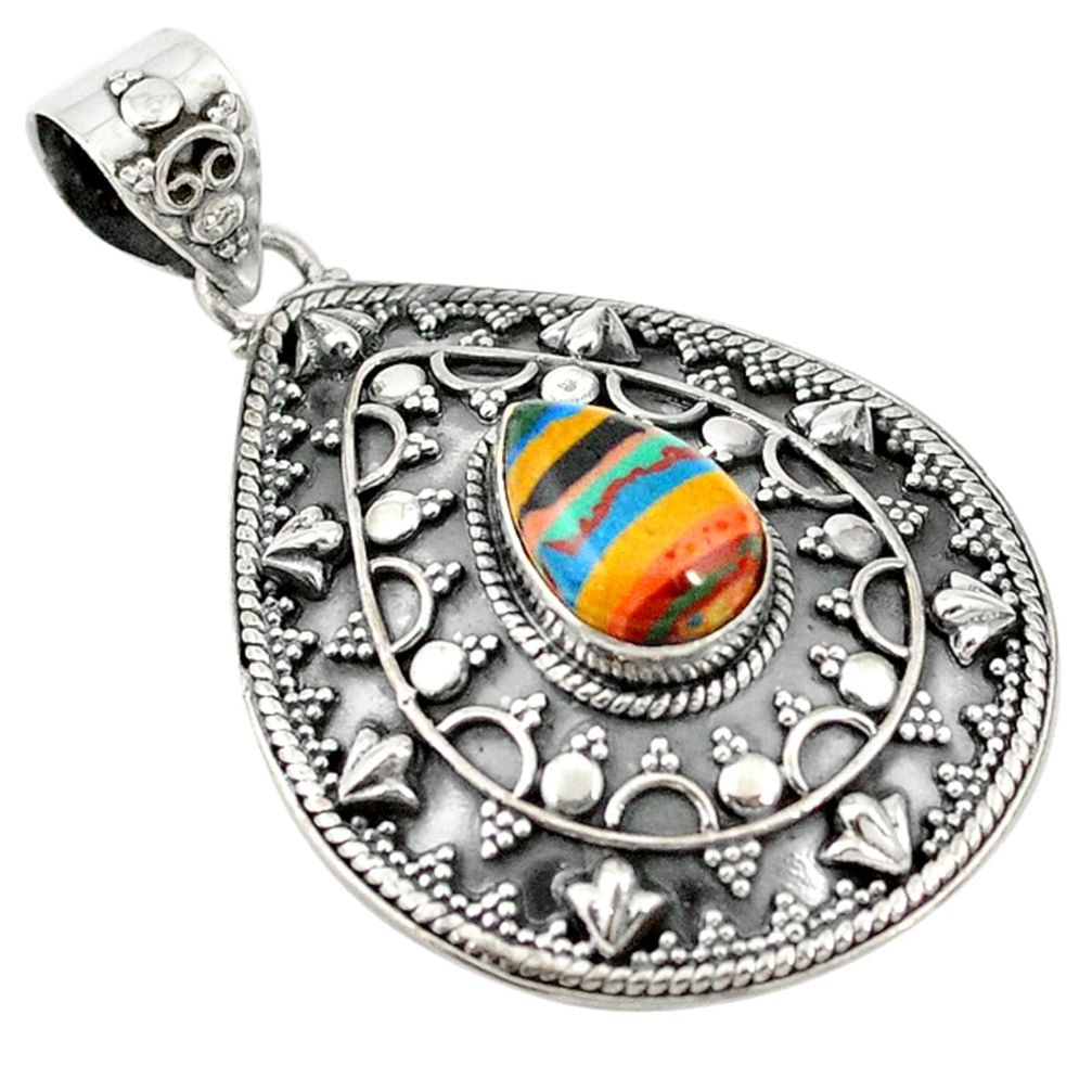 Natural multi color rainbow calsilica 925 sterling silver pendant jewelry d19273