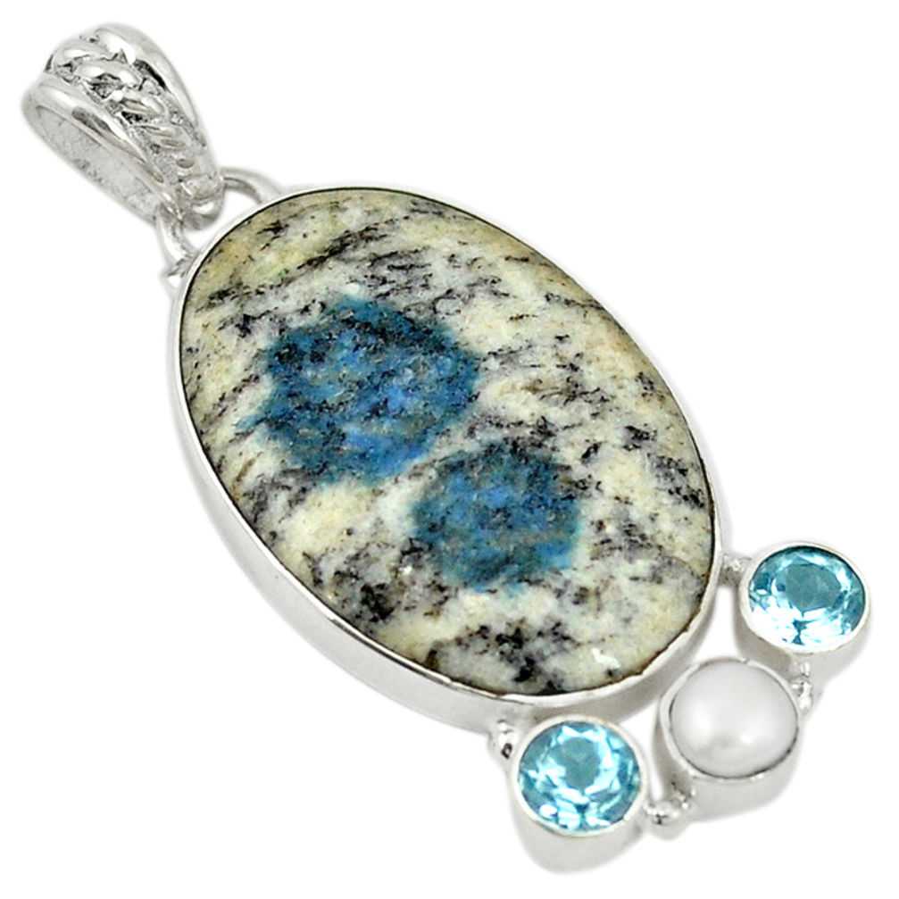 Natural k2 blue (azurite in quartz) topaz pearl 925 silver pendant d19363