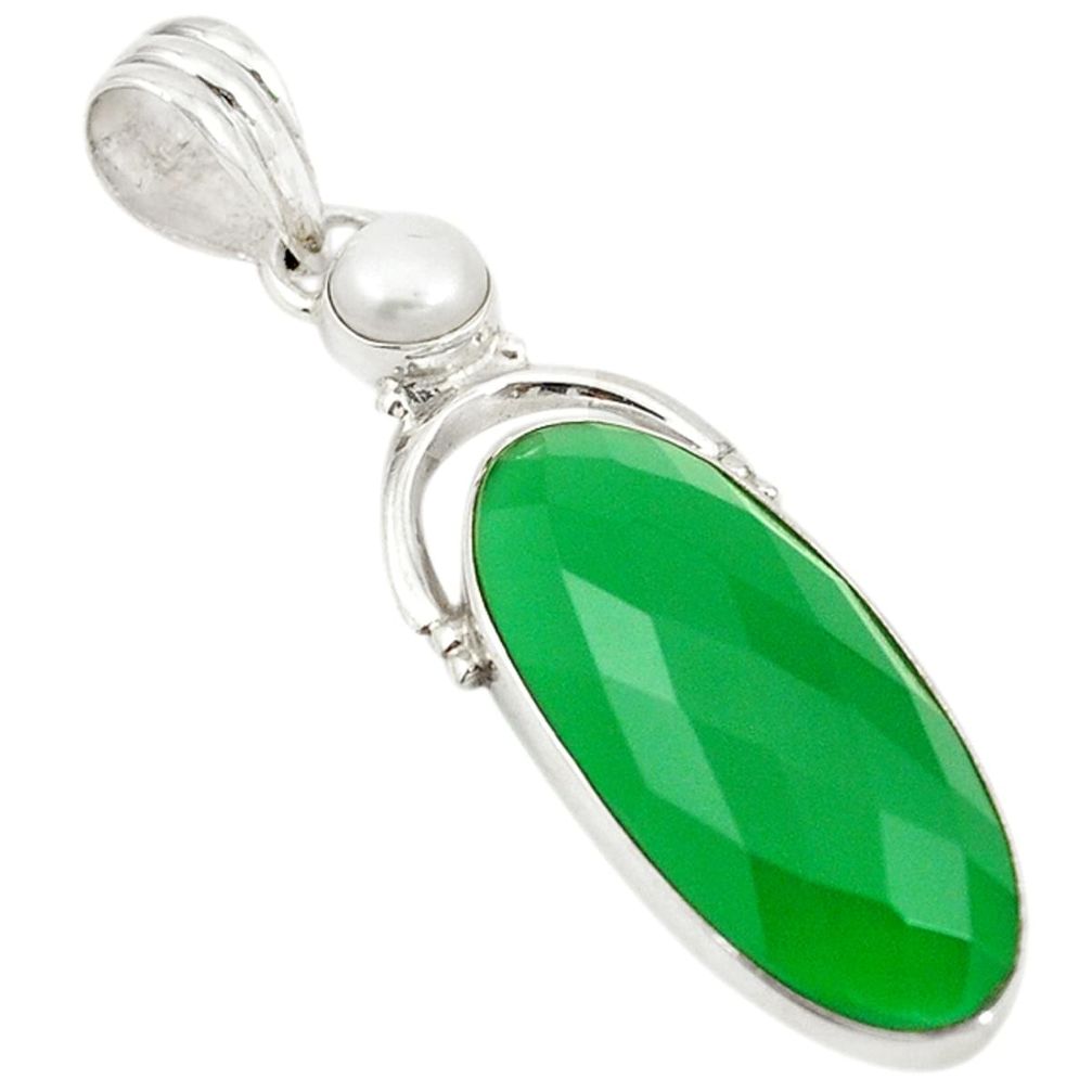 Natural green chalcedony white pearl 925 sterling silver pendant d19434