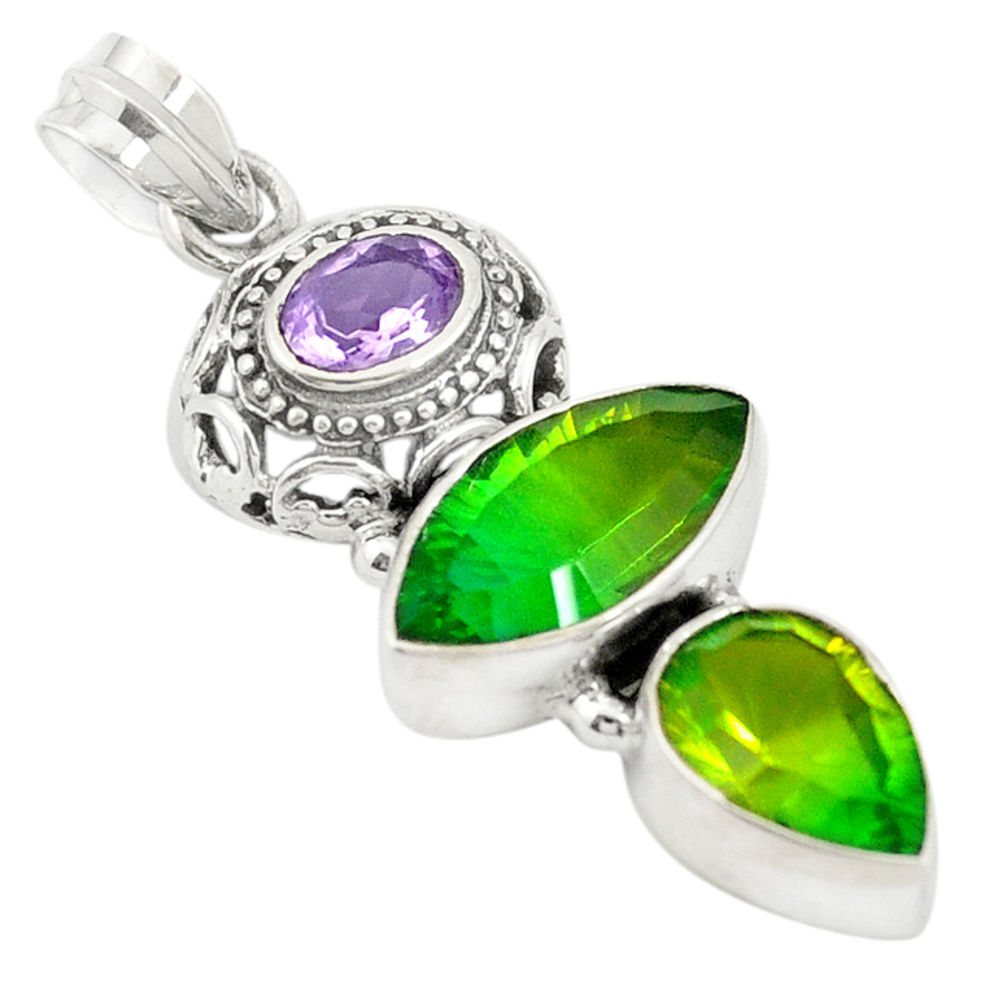 Green tourmaline (lab) purple amethyst 925 sterling silver pendant d19442