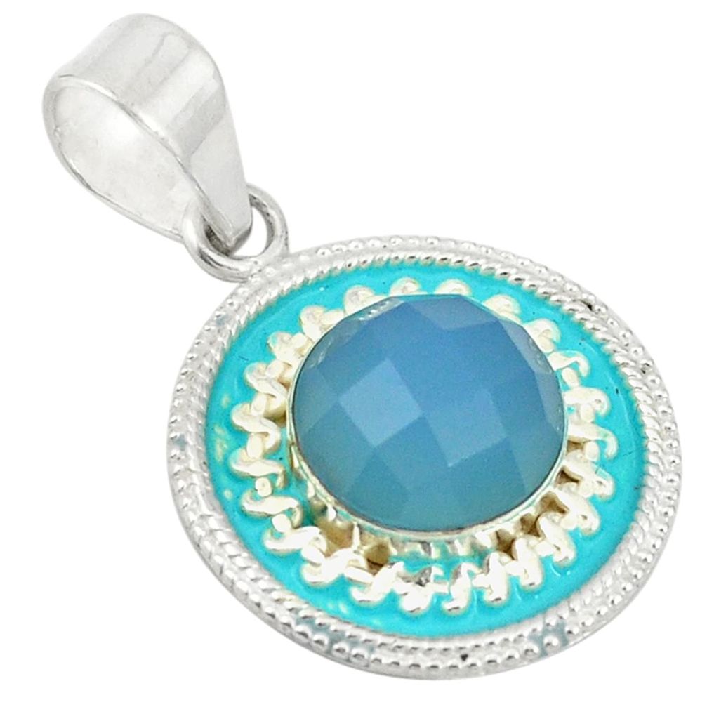 Natural blue chalcedony round enamel 925 sterling silver pendant d19494