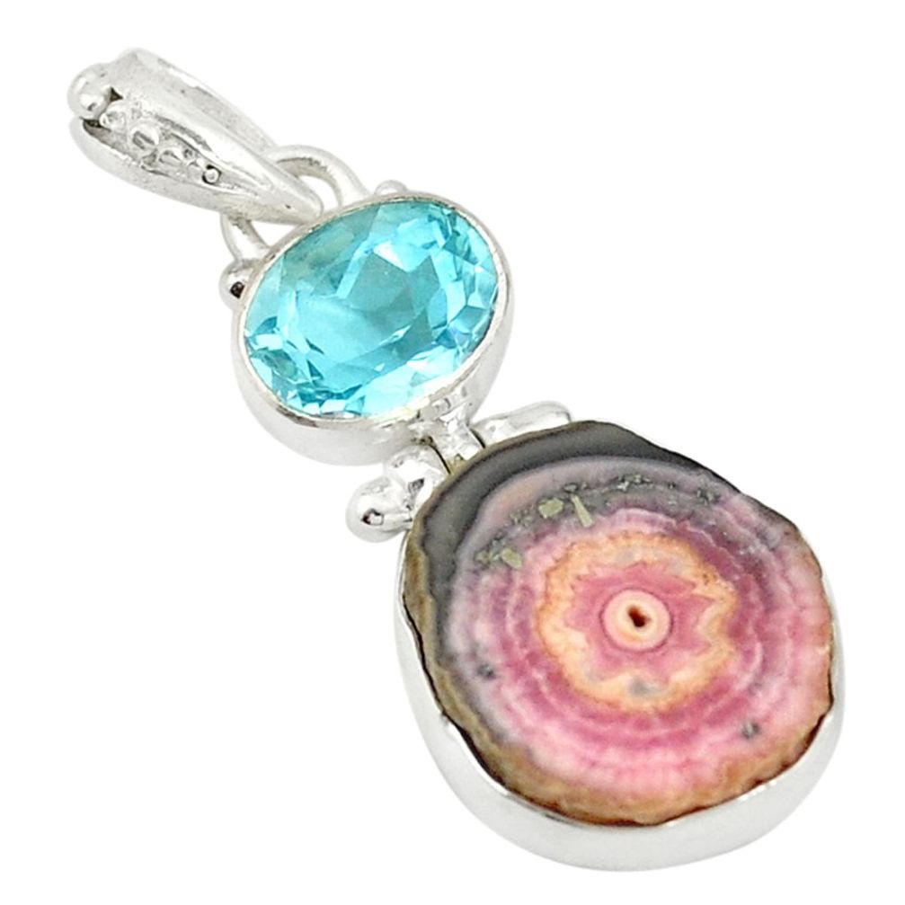 Natural pink rhodochrosite stalactite topaz 925 silver pendant d19635