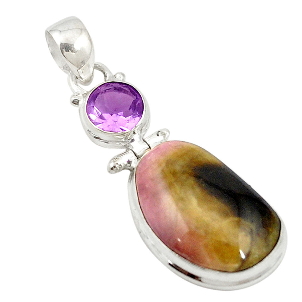 925 sterling silver natural pink bio tourmaline amethyst pendant jewelry d19636