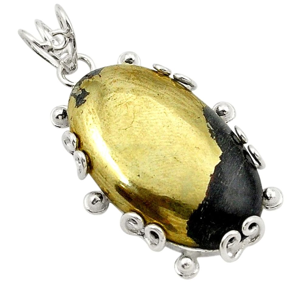 Natural golden pyrite in magnetite (healer's gold) 925 silver pendant d21012