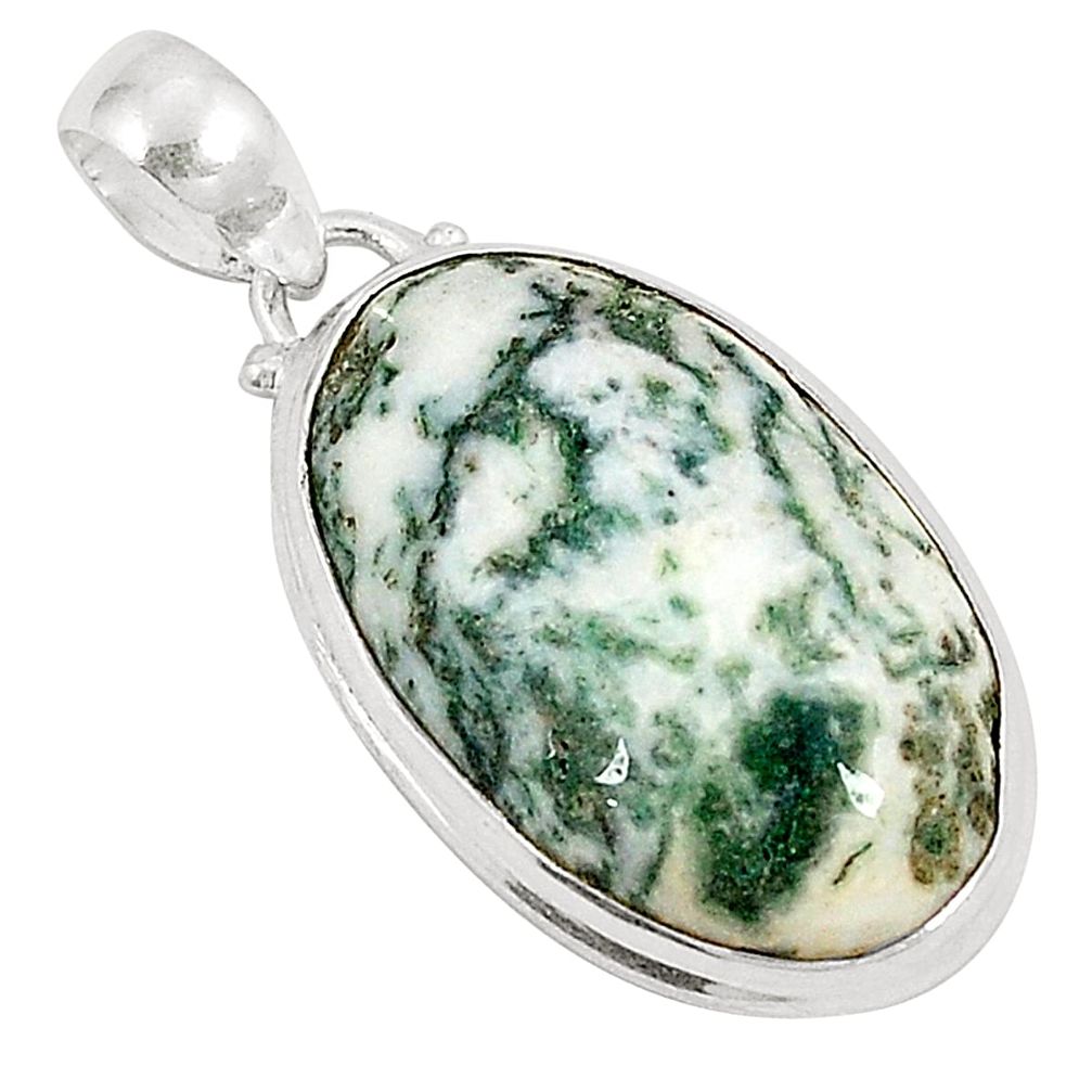 Natural white tree agate oval 925 sterling silver pendant jewelry d21025