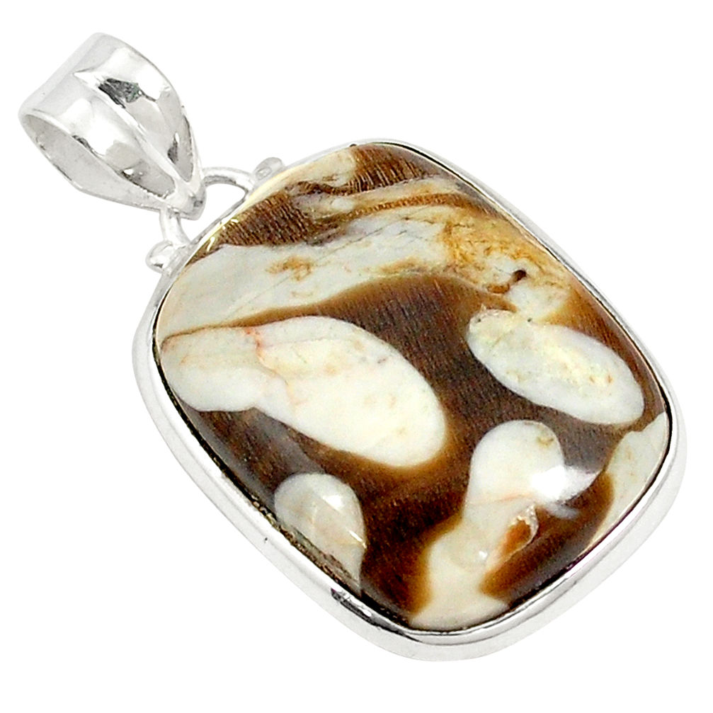 Natural brown peanut petrified wood fossil octagan 925 silver pendant d21049