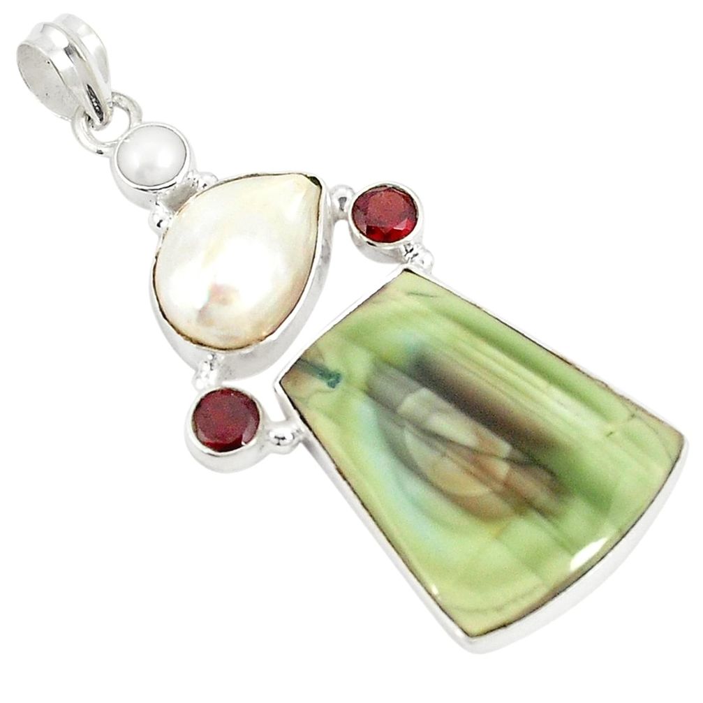 Natural green imperial jasper red garnet 925 sterling silver pendant d21086