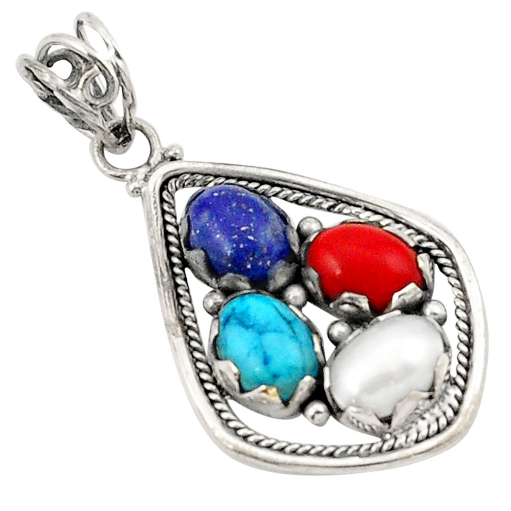 Natural blue lapis lazuli coral pearl 925 silver pendant jewelry d21170