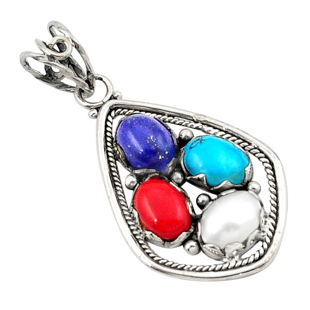 Natural blue lapis lazuli pearl red coral 925 silver pendant jewelry d21177