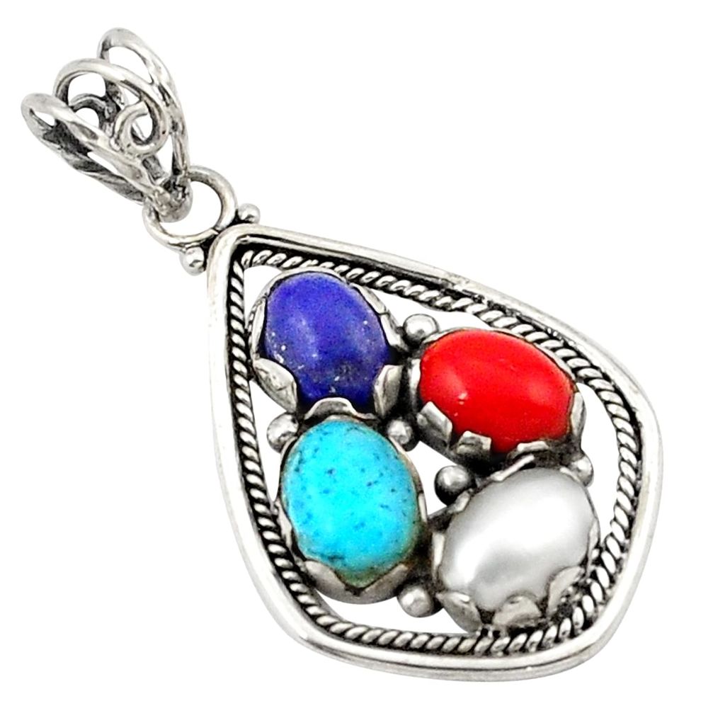 Natural blue lapis lazuli coral pearl 925 sterling silver pendant jewelry d21179