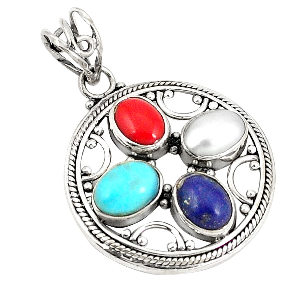 Natural blue lapis lazuli coral pearl 925 silver pendant jewelry d21183