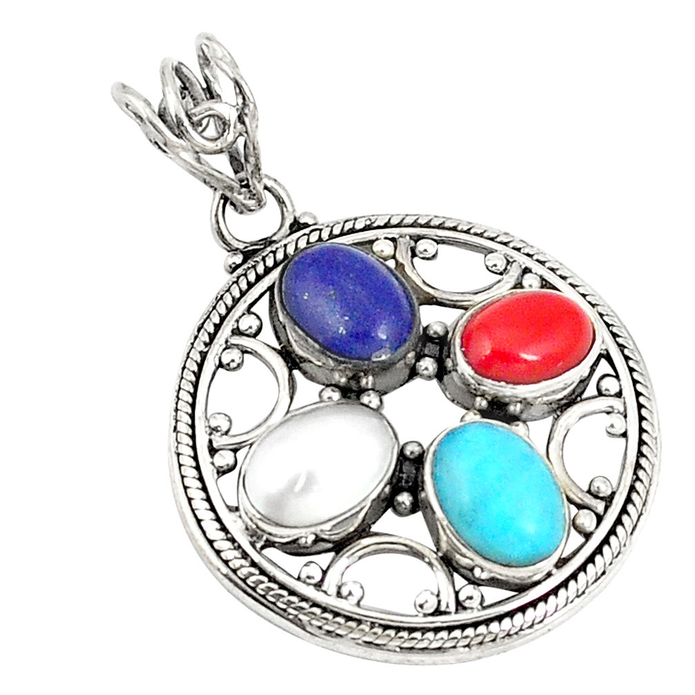Natural blue lapis lazuli coral pearl 925 silver pendant jewelry d21188