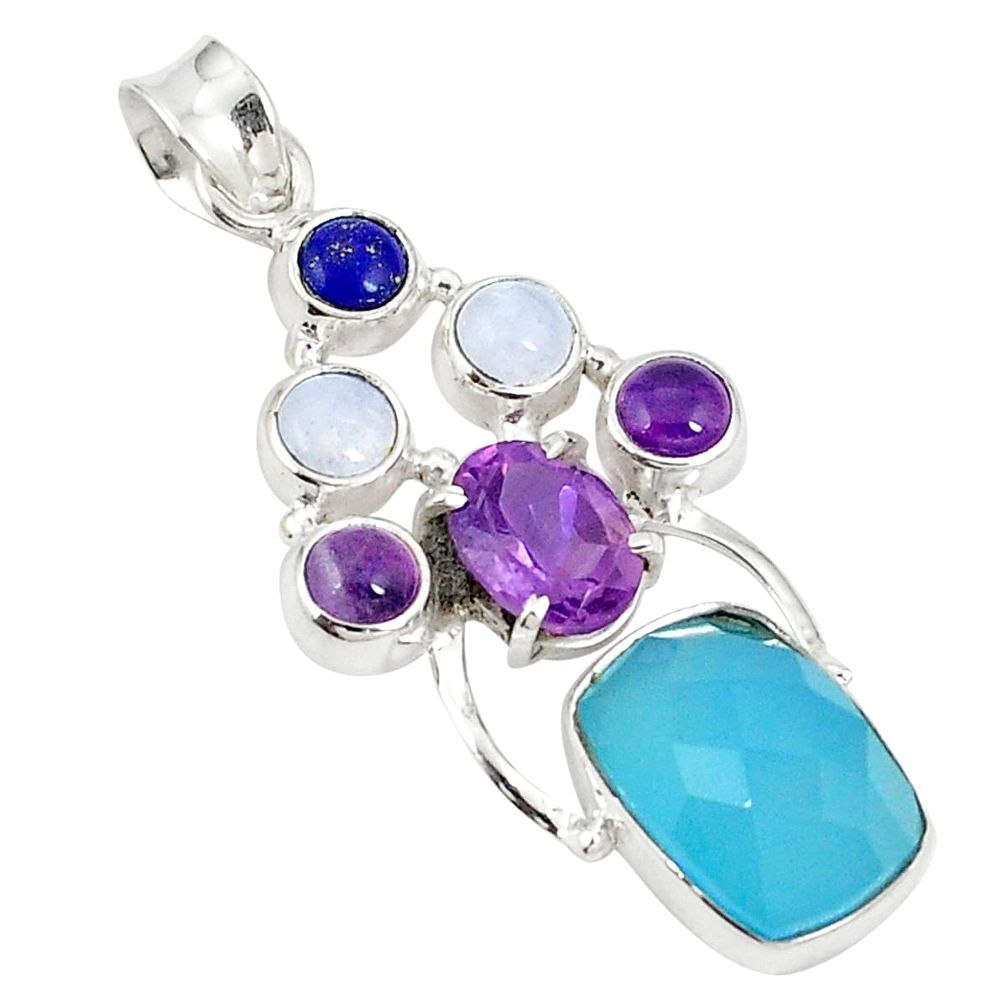 Natural aqua chalcedony amethyst 925 sterling silver pendant d21281