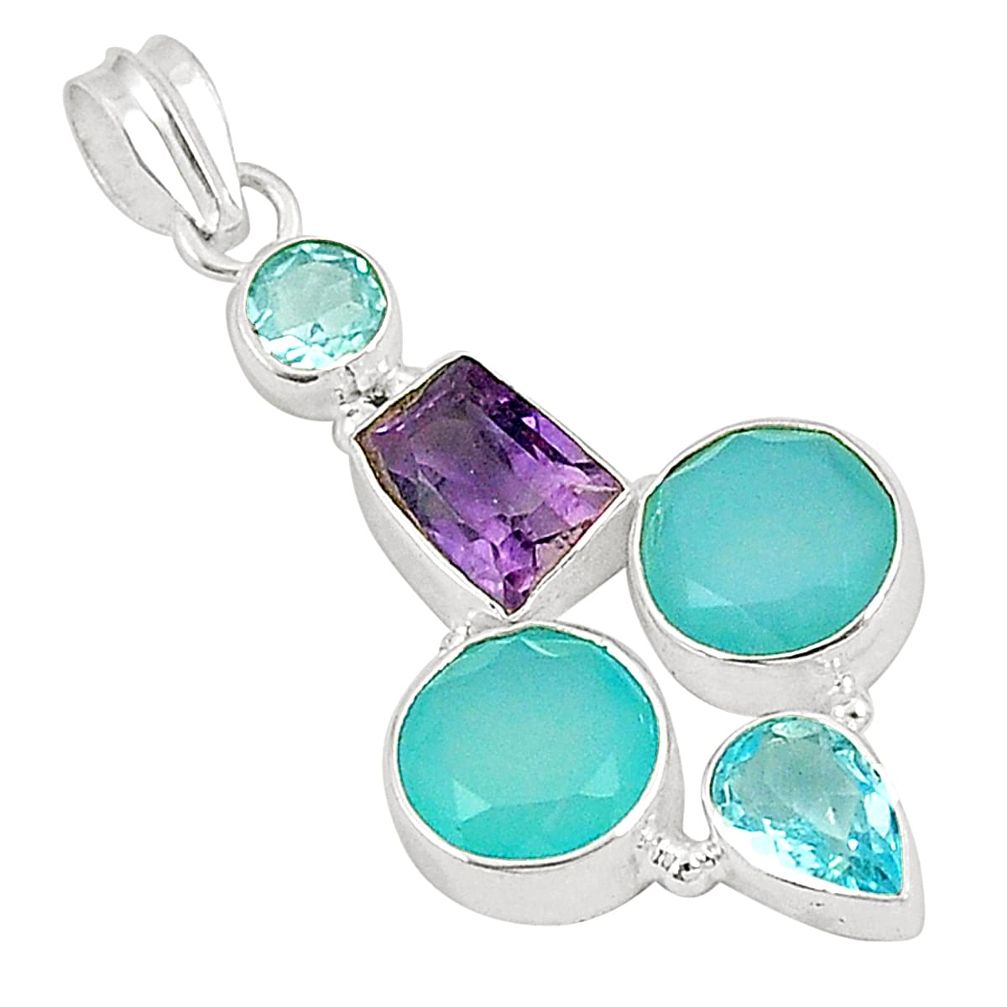 Natural aqua chalcedony amethyst 925 sterling silver pendant d21285