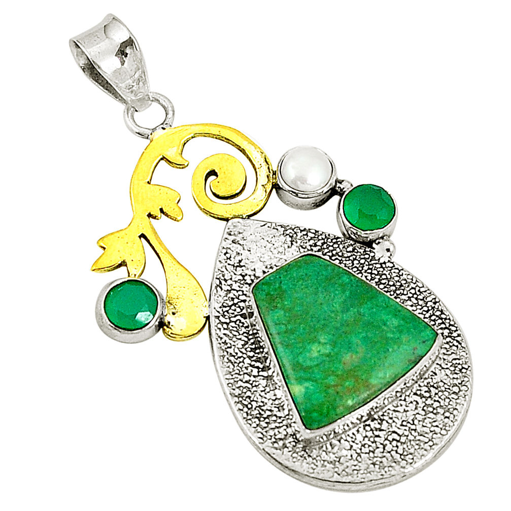 Victorian natural green chrysocolla 925 silver two tone pendant d21374