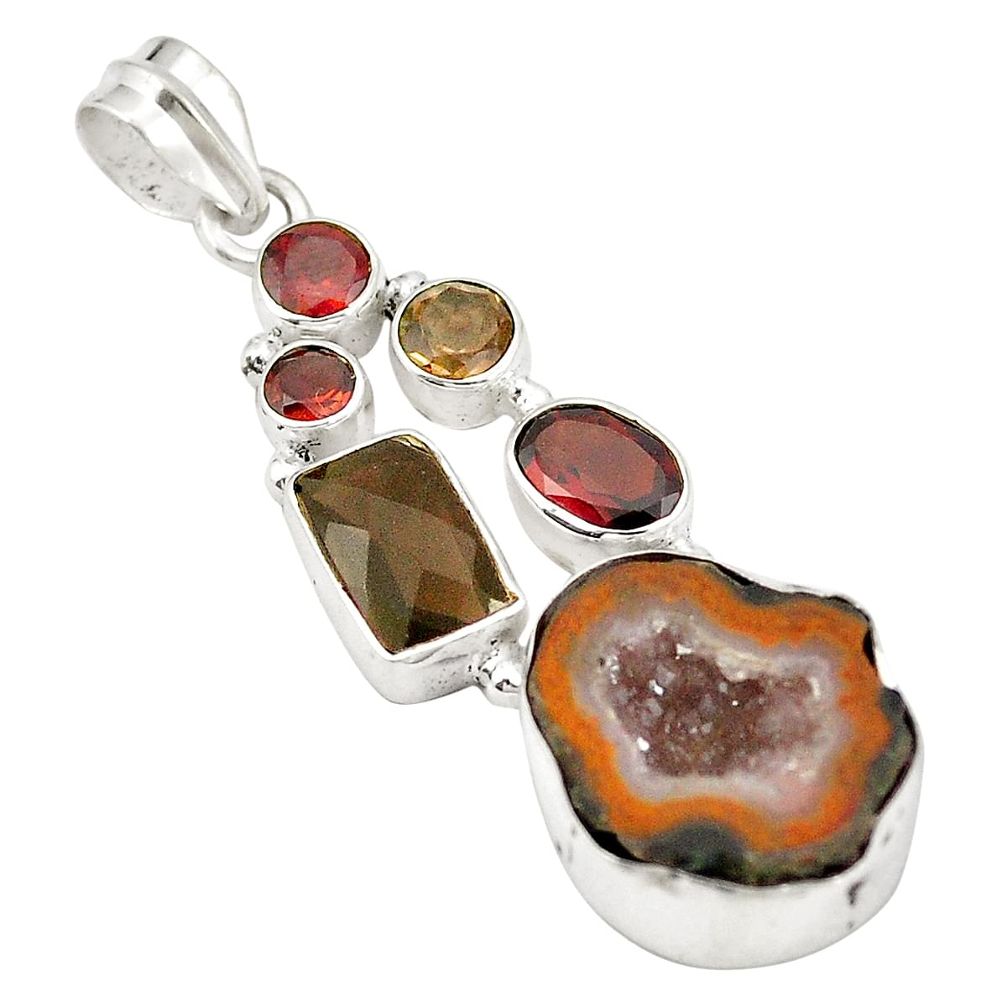 Natural brown geode druzy smoky topaz 925 silver pendant d21444