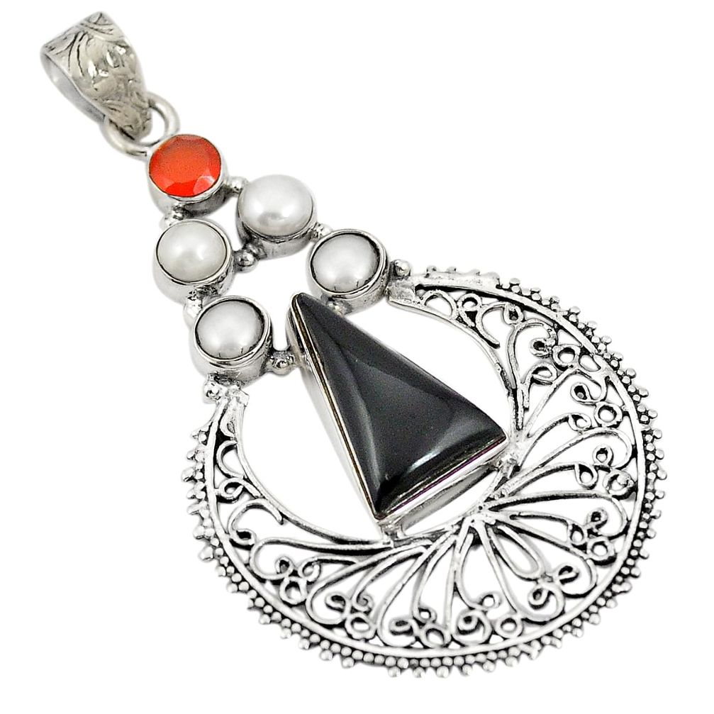 Natural black onyx cornelian (carnelian) pearl 925 silver pendant d21881